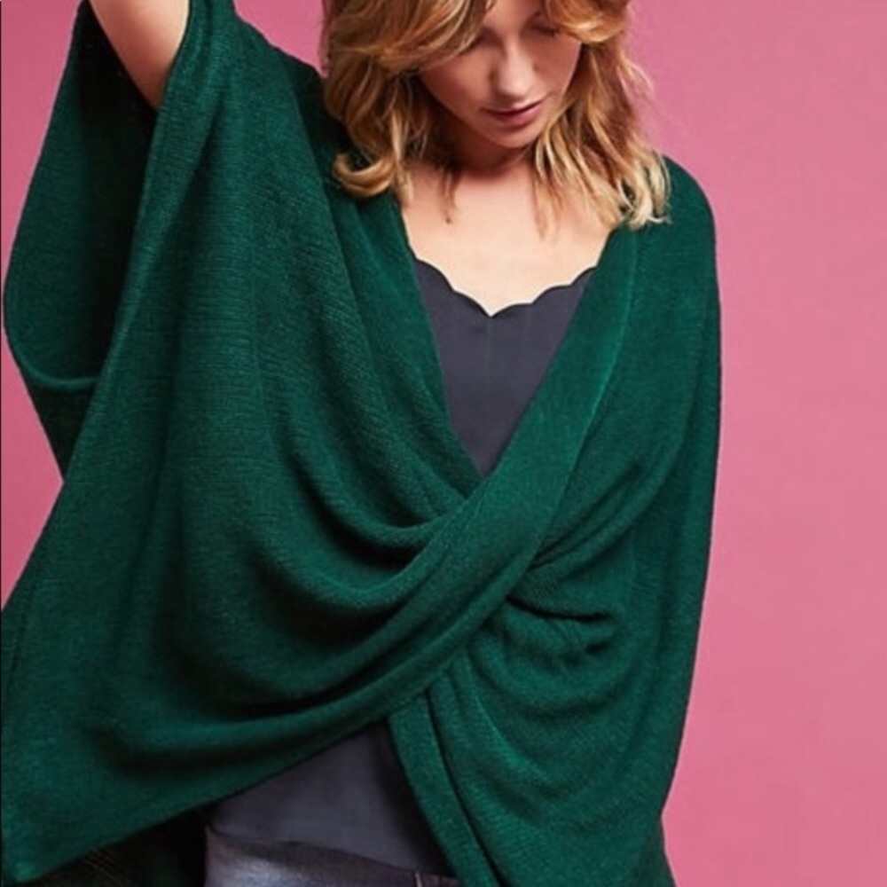 Anthropologie Green Wrap Sweater Sleeping on Snow